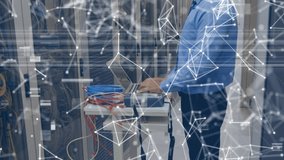 Animation of network of connections with icons and data processing over server room. Global social media connections digital interface technology and networking concept digitally generated video. - Powered by Shutterstock - Get 15% off with code: PIKWIZARD15