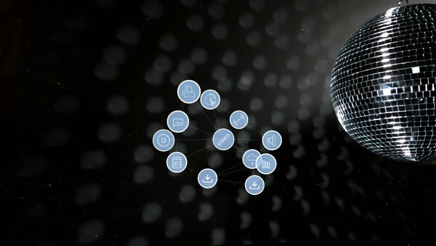 Animation of light spots and network of connections with icons over disco ball on black background. Party and celebration concept digitally generated video.