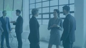 Animation of data processing over diverse businesspeople discussing at office. Global business data technology concept - Powered by Shutterstock - Get 15% off with code: PIKWIZARD15