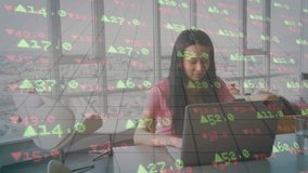 Animation of data processing and arrows over woman using laptop. Global business, finance, computing, connections and data processing concept digitally generated video. - Powered by Shutterstock - Get 15% off with code: PIKWIZARD15