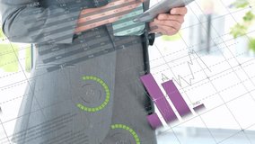 Animation of infographic interface over midsection of caucasian businesswoman using digital tablet. Digital composite, multiple exposure, global, office, report, business and technology concept. - Powered by Shutterstock - Get 15% off with code: PIKWIZARD15