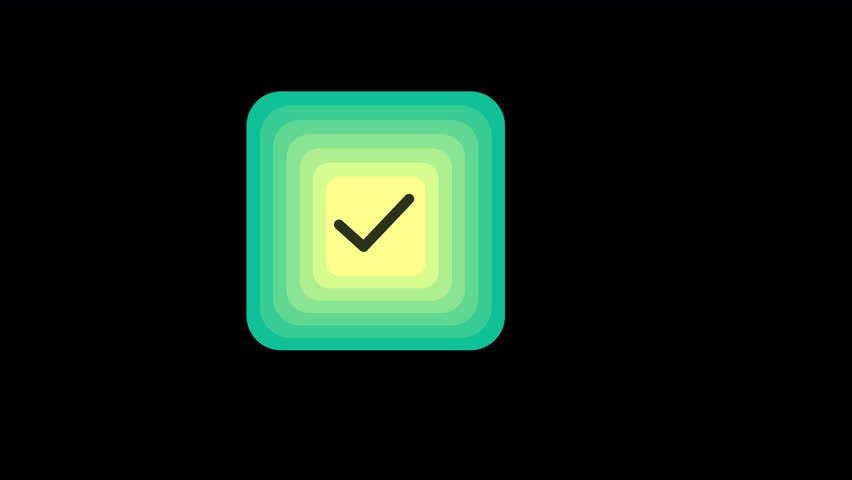 Dynamic green square logo animation featuring concentric scaling layers and success checkmark icon on black background
