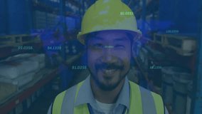 Warehouse worker entering frame, activating blue overlay tracking inventory levels around helmet. Industrial, logistics, safety, technology, efficiency, management, automation - Powered by Shutterstock - Get 15% off with code: PIKWIZARD15