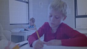 Blond boy writing in school initiating pulsing bar-chart visualizing data with classmates working. Children, education, learning, collaboration, digital, analytics, academic - Powered by Shutterstock - Get 15% off with code: PIKWIZARD15