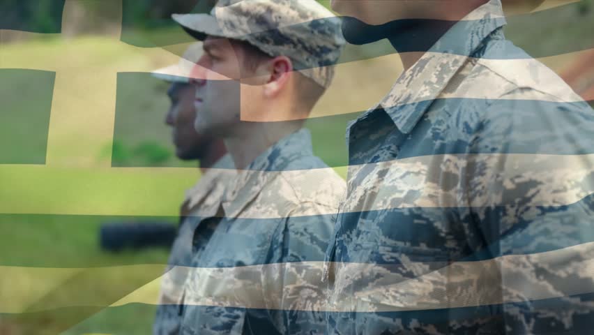 Animation of flag of greece over diverse male soldiers. National flags and patriotism concept digitally generated video.
