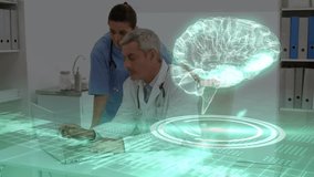 Animation of human brain and data processing over businessman wearing headset. Global science connections data processing and digital interface concept digitally generated video. - Powered by Shutterstock - Get 15% off with code: PIKWIZARD15