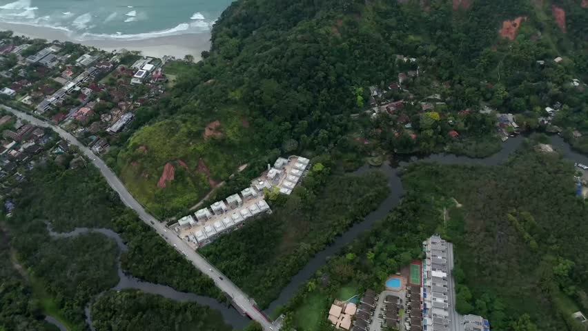 Hotel infrastructure in beach town on North coast of Sao Paulo, Brazil. Aerial birdseye