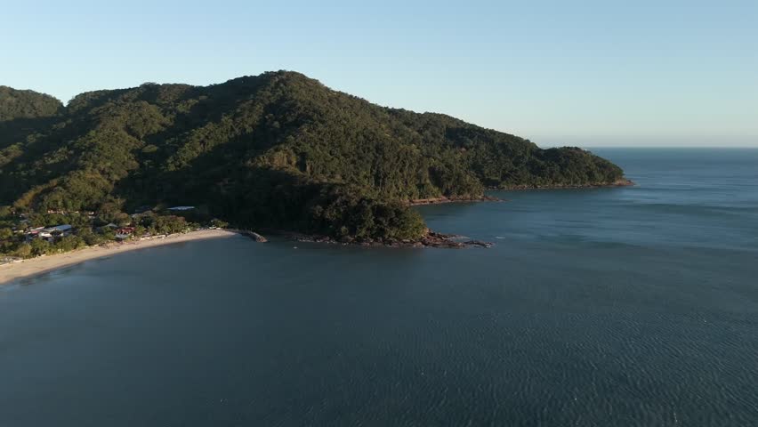 Tropical Forest Mountain At The Coastal Town Of Praia Brava Beach In Boicucanga, Sao Paulo, Brazil. Aerial Wide Shot