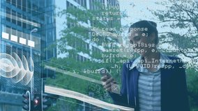 Animation of globe and data processing over caucasian businesswoman using smartphone. Global business, technology, computing, connections and data processing concept digitally generated video. - Powered by Shutterstock - Get 15% off with code: PIKWIZARD15