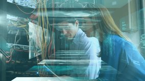 Animation of data processing over eye icon and caucasian workers in server room. Global patriotism and digital interface concept digitally generated video. - Powered by Shutterstock - Get 15% off with code: PIKWIZARD15