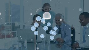 Animation of molecules over male patient and female doctor during patient. Global business data processing digital interface and technology concept digitally generated video. - Powered by Shutterstock - Get 15% off with code: PIKWIZARD15