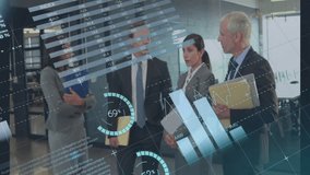 Animation of financial data processing over diverse colleagues discussing work in office. Global business, finances, computing and digital interface concept digitally generated video. - Powered by Shutterstock - Get 15% off with code: PIKWIZARD15