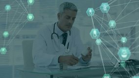 Doctor in office with medical network connections animation overlaid. Healthcare, medicine, technology, innovation, telemedicine, digital - Powered by Shutterstock - Get 15% off with code: PIKWIZARD15
