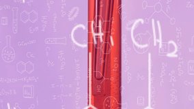 Chemical formulas and scientific symbols animation over red liquid in test tube. Science, chemistry, laboratory, research, experiment, molecular - Powered by Shutterstock - Get 15% off with code: PIKWIZARD15