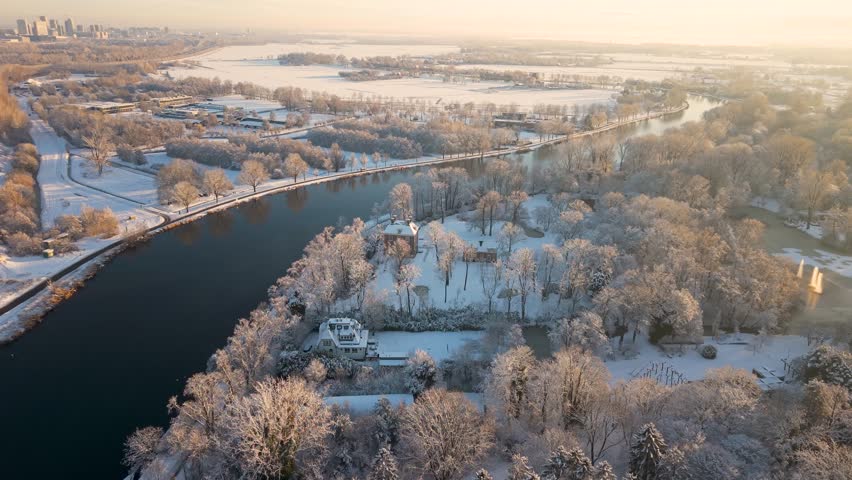 Aerial Winter View of Amstel River and Amstelpark Covered in Snow, Amsterdam, The Netherlands