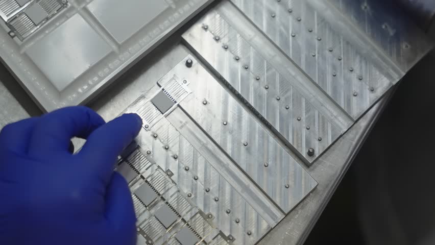 Gloved technician carefully handling and aligning microchips on precision metal trays in a cleanroom lab, preparing integrated circuits on leadframes for semiconductor assembly
