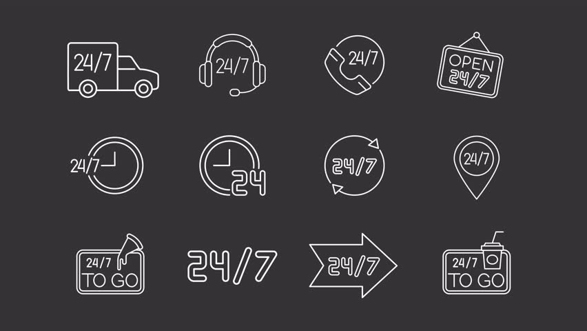 24-7 hour service animation set. Customer support animated white line icons. Business availability, delivery transport. Technical help. Isolated elements on dark background. Alpha channel HD video