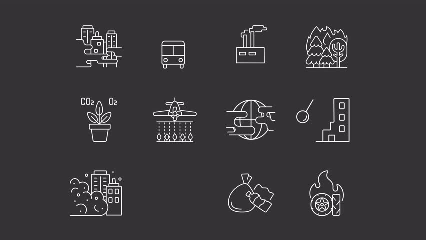 Air pollution animation set. Ecological damage animated white line icons. Environmental issues, waste management. Climate change. Isolated elements on dark background. Alpha channel HD video