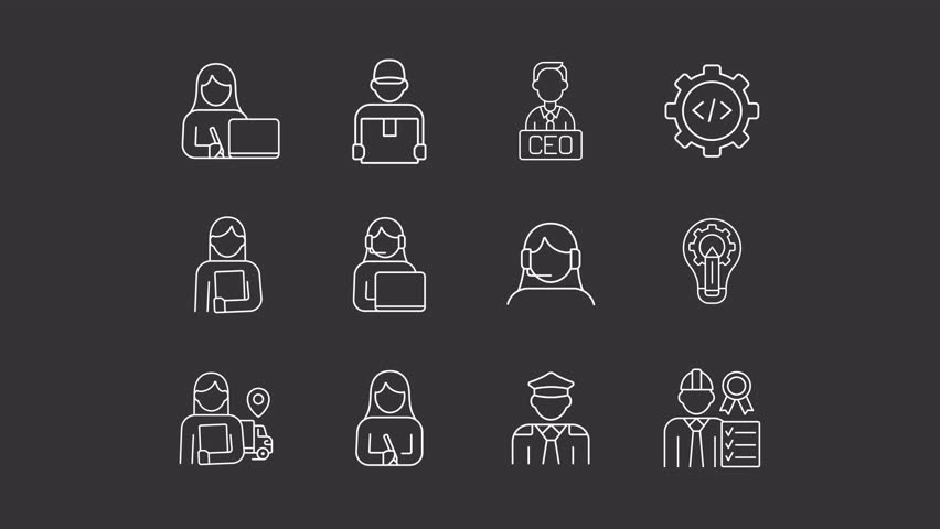 Company staff animation set. Job professions animated white line icons. Public service, corporate leadership. Customer support. Isolated elements on dark background. Alpha channel HD video