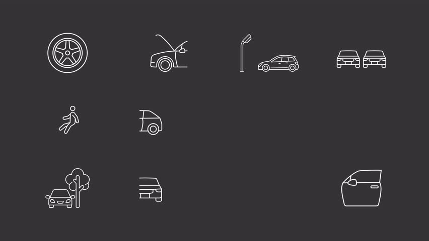 Car accidents animation set. Vehicle damage animated white line icons. Road traffic, transport crash. Auto insurance, road safety. Isolated elements on dark background. Alpha channel HD video