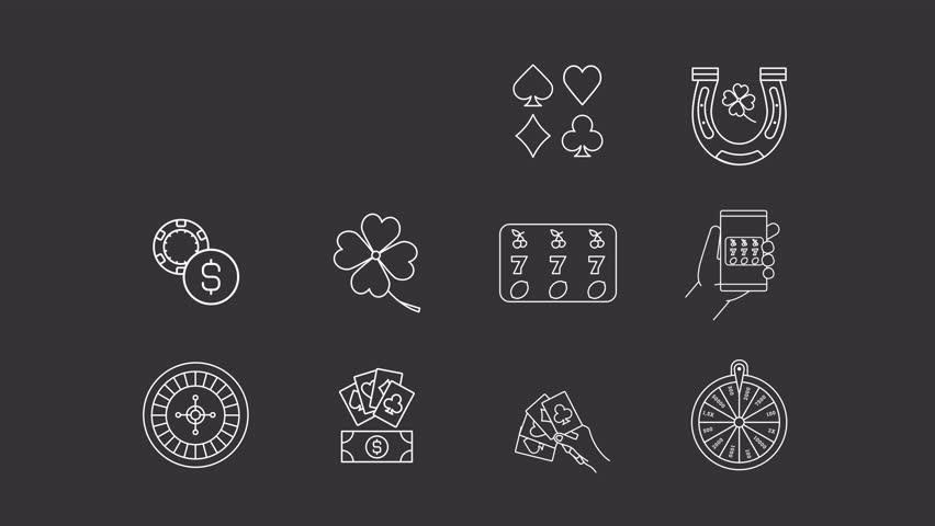 Casino animation set. Gambling games animated white line icons. Jackpot lottery, bingo card. Slot machines, playing cards. Isolated elements on dark background. Alpha channel HD video