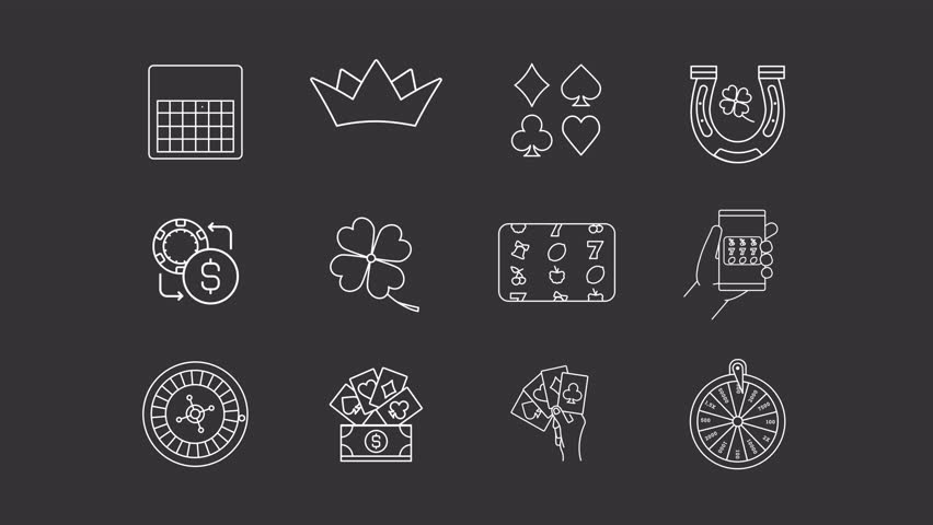 Casino animation set. Gambling games animated white line icons. Jackpot lottery, bingo card. Slot machines, playing cards. Isolated elements on dark background. Alpha channel HD video