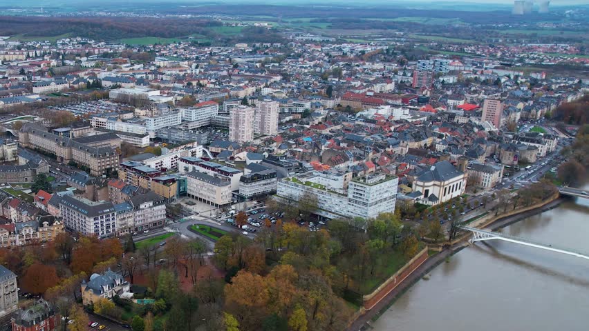 Aerial view around the old town of the city Thionville in France on a cloudy noon in autumn.