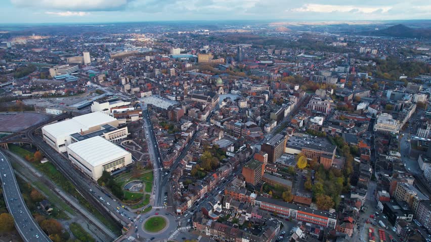 Aerial view around the old town of the city Charleroi in Belgium on a cloudy afternoon in autumn.