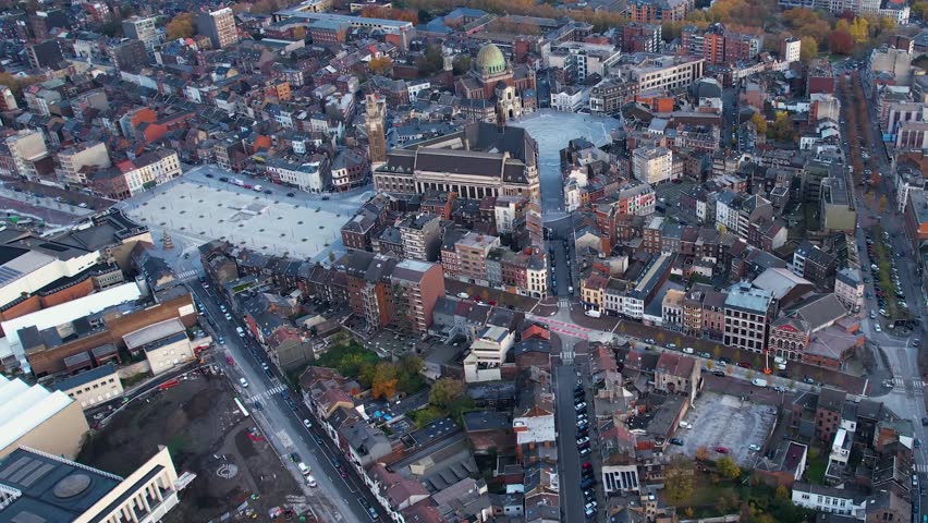 Aerial view around the old town of the city Charleroi in Belgium on a cloudy afternoon in autumn.