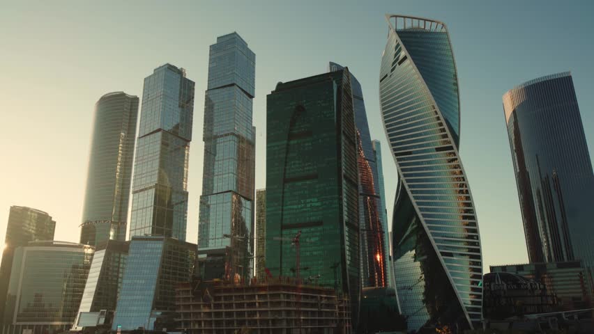 High buildings of Moscow-City at Moskva River at summer sunset, Russia - 29 sep 2025.