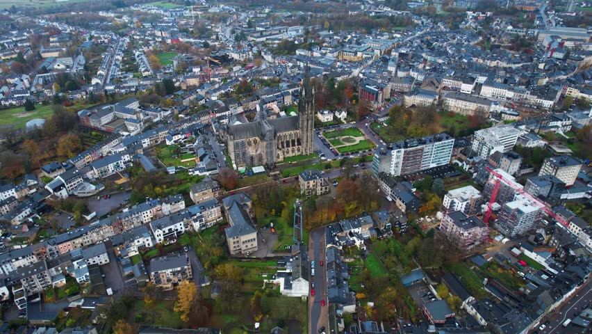 Aerial view around the old town of the city Arlon in Belgium on a cloudy day in autumn.