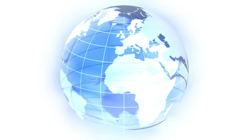 Stylized globe is rotating. Light-blue gradient stripes formed a background