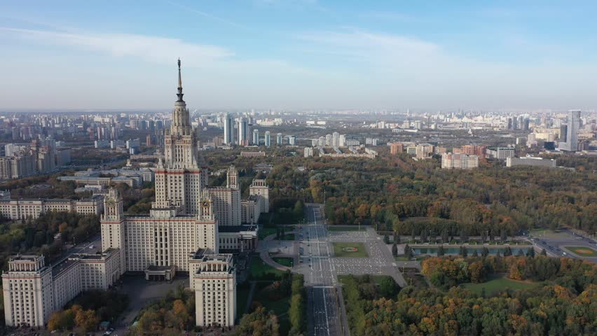 Drone pulling away from Moscow State University