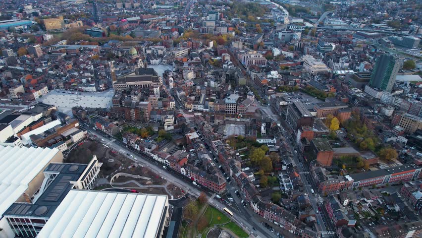 Charleroi, Belgium October 9. 2023 Aerial view around the old town of the city Charleroi in Belgium on a cloudy afternoon in autumn.