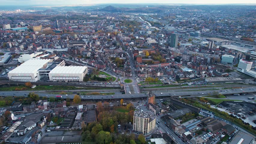 Charleroi, Belgium October 9. 2023 Aerial view around the old town of the city Charleroi in Belgium on a cloudy afternoon in autumn.