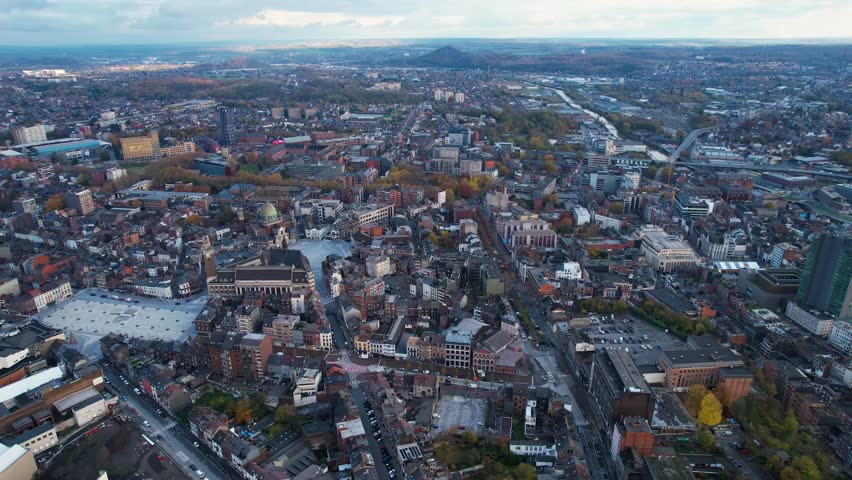 Charleroi, Belgium October 9. 2023 Aerial view around the old town of the city Charleroi in Belgium on a cloudy afternoon in autumn.