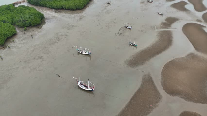 Aerial view of vast mudflats with unique ripple patterns at low tide, traditional fishing boats, and lush mangrove forest coastline.