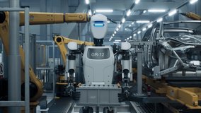 AI-Powered Humanoid Robot Transports Lithium-Ion Battery Modules in a Crate Inside a Modern Car Factory. Automated Production Line Builds Electric Cars in the Background - Powered by Shutterstock - Get 15% off with code: PIKWIZARD15