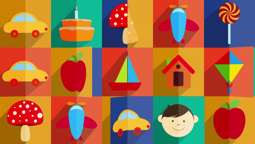 A visually appealing grid of 12 squares, each containing a different object, such as cars, fruits, shapes, and toys, arranged in a colorful and playful pattern, showcasing a mix of 3D-like illustrations.