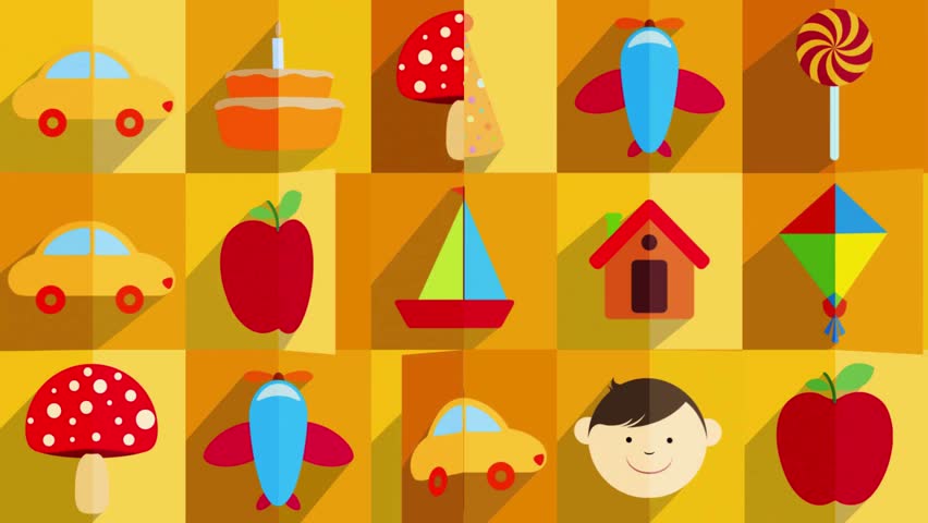 A vibrant grid of toy blocks and objects, including cars, rockets, sailboats, houses, fruits, and mushrooms, set against a warm orange and yellow background, creating a playful and educational atmosphere.