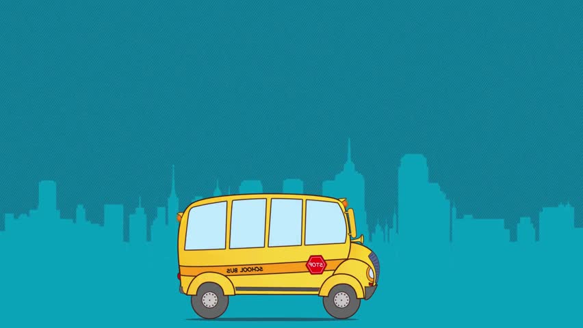 A yellow school bus with a red stop sign is centered on a blue background, surrounded by a pixelated design that adds a retro touch to the scene, creating a visually appealing and nostalgic image.