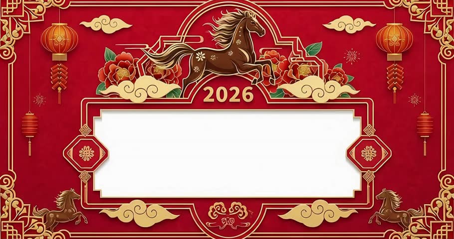 Lunar New Year 2026 Red Frame with Golden Horse Illustration, Year of the Horse Zodiac Design, Chinese New Year Holiday Greeting, Festive Red and Gold Background, Traditional Asian Celebration