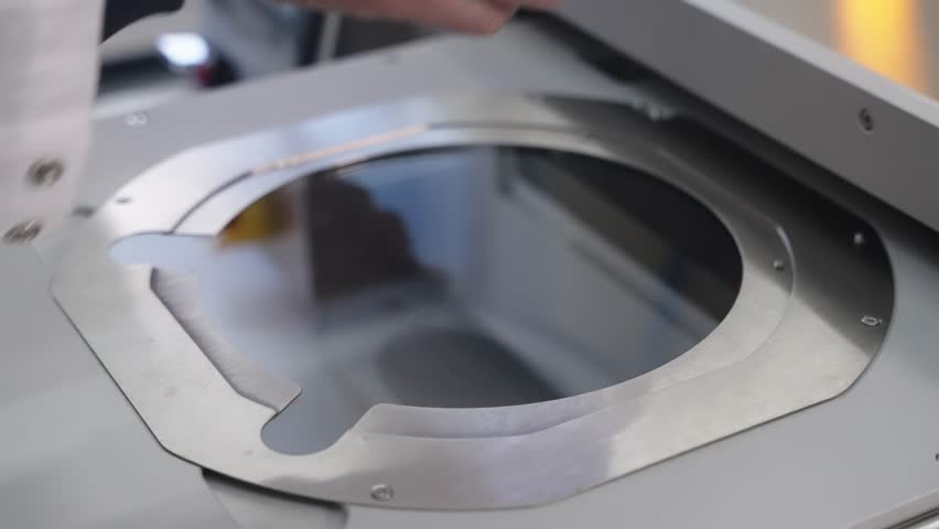 Silicon wafer secured in a metal dicing frame inside a precision semiconductor processing machine, with an operator adjusting the control panel and emergency stop on equipment