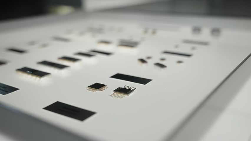 Assorted semiconductor components and integrated circuit packages arranged on a white display surface, captured in shallow depth of field, showcasing microelectronics precision