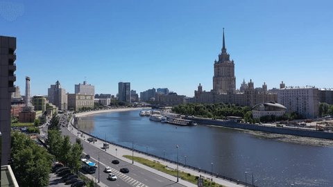 Aerial View of Moscow River Embankment with City Skyline