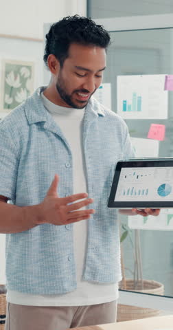 Businessman, tablet screen and graphs in meeting for presentation, campaign performance or trends. Technology display, presenter or marketer in office for social media marketing, chart or analysis