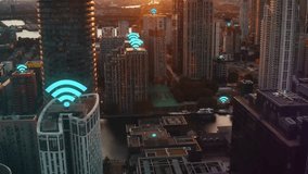 High-rise apartments in a modern city residential area with sunset sky, visual effects illustrating wireless communication technology. - Powered by Shutterstock - Get 15% off with code: PIKWIZARD15