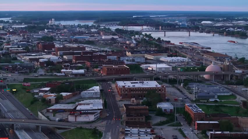 Aerial view of St. Louis, Missouri at dusk, highlighting the cityscape, glowing streets, Mississippi River and bridges forming a scenic urban backdrop.