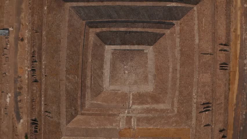 Overhead view of the Temple of the Moon in Teotihuacan, Mexico, showcasing the ancient Mesoamerican pyramid from a high angle in the valley complex.