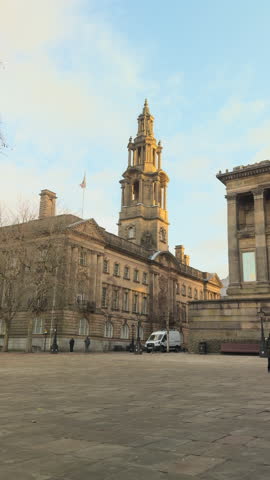 4K: Preston Town Hall Establishing shot, Lancashire, City Centre in Winter in the Daytime. Vertical. Stock Video Clip Footage